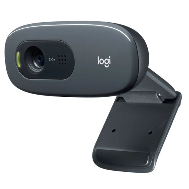 Logi 720p webcam with a dark gray plastic body and an adjustable clip mount, shown on a solid white background.
Ueb kamera LOGITECH C270 - 1280 x 720 px, s mikrofon 24 mesetsa garantsia