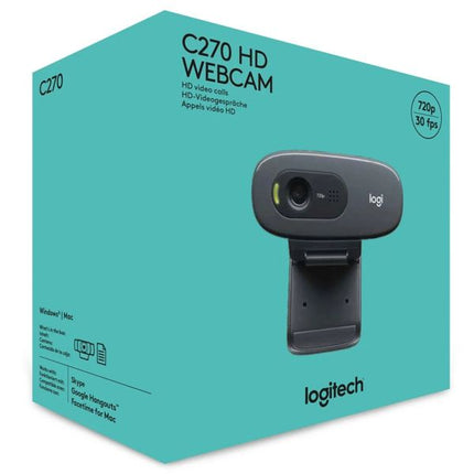 Logitech C270 HD Webcam retail packaging box in a bright turquoise color, featuring a graphic of the black webcam on the front.
Ueb kamera LOGITECH C270 - 1280 x 720 px, s mikrofon 24 mesetsa garantsia