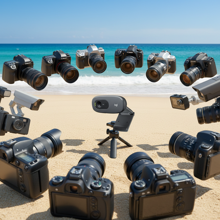 A beach scene with multiple black cameras and a small Logitech webcam arranged in a circle on sand, with turquoise ocean and blue sky in the background.
Ueb kamera LOGITECH C270 - 1280 x 720 px, s mikrofon 24 mesetsa garantsia