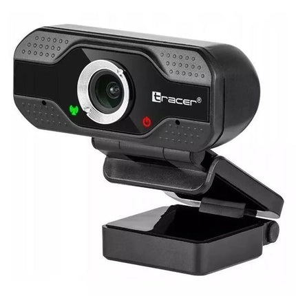 A black Gracer brand USB webcam with a clip-on stand, featuring a silver ring around the lens, a green LED indicator light, and a red power button on a white background.
Ueb kamera Tracer WEB007, Full HD(1920x1080@30fps), USB, mikrofon 24 mesetsa garantsia