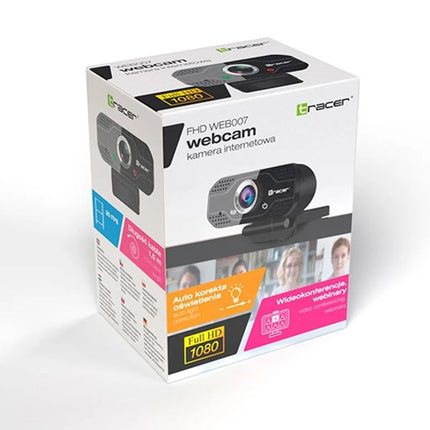 A boxed Acer FHD Web007 webcam photographed on a clean white studio background. The retail box shows the webcam pictured on the front, feature callouts, and Acer branding.
Ueb kamera Tracer WEB007, Full HD(1920x1080@30fps), USB, mikrofon 24 mesetsa garantsia