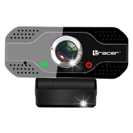 A Tracer brand USB web camera with a black and gray plastic body, featuring a central lens, a green status light, and a red power button, mounted on a black stand against a white background.
Ueb kamera Tracer WEB007, Full HD(1920x1080@30fps), USB, mikrofon 24 mesetsa garantsia