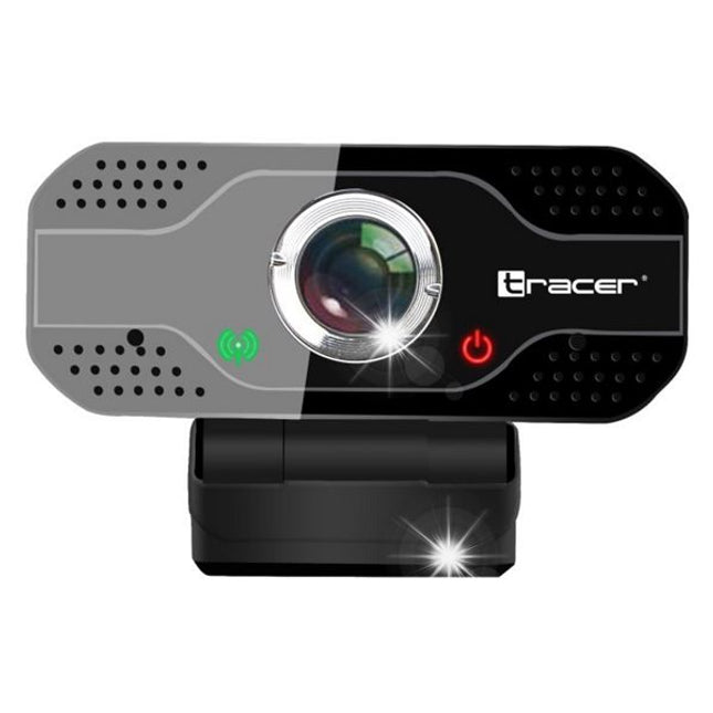 A Tracer brand USB web camera with a black and gray plastic body, featuring a central lens, a green status light, and a red power button, mounted on a black stand against a white background.
Ueb kamera Tracer WEB007, Full HD(1920x1080@30fps), USB, mikrofon 24 mesetsa garantsia