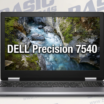 A Dell Precision 7540 laptop shown open against a light gray background with a repeating 'Basic Systems' watermark. The laptop has a dark gray chassis and a black screen bezel, with a scenic river wallpaper on the display and large white text reading 'DELL Precision 7540' across the center.