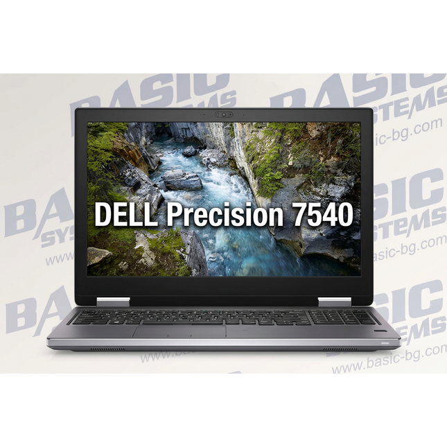 A Dell Precision 7540 laptop shown open against a light gray background with a repeating 'Basic Systems' watermark. The laptop has a dark gray chassis and a black screen bezel, with a scenic river wallpaper on the display and large white text reading 'DELL Precision 7540' across the center.