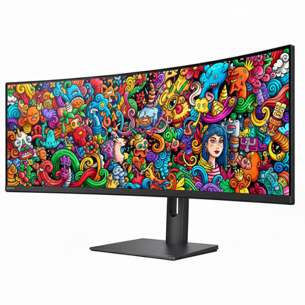 Wide-angle monitor with colorful abstract design on a white background