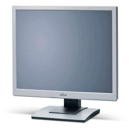 Снимка на 19" Монитор втора употреба Fujitsu Siemens B19-3 - (1280 x 1024; TN – матрица). Монитора е бял със сив 19 инчов екран, черно бяла стойка и сив фон изобразен на матрицата.