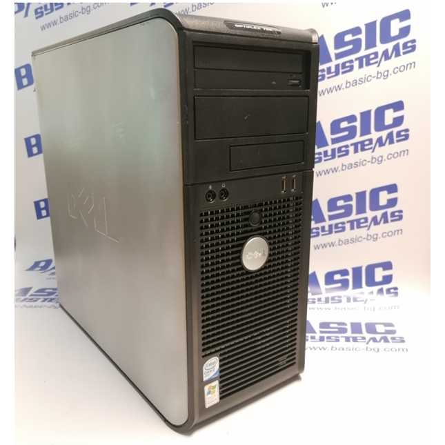 Поглед отпред в изправено положение на Компютър втора употреба DELL OptiPlex 755 Tower- CPU E6500 2,93Ghz, 6GB RAM, 80GB HDD, GMA 3100. На бял фон с лого basic systems www.basic-bg.com. Виждат се два USB порта, два аудио порта, двд втора ръка и бутон за включване на компютъра.