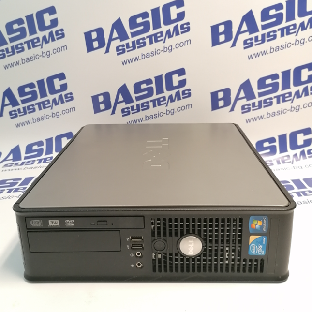 Поглед отпред на Компютър втора употреба DELL OptiPlex 780 SFF - CPU  E8500 3,16Ghz, 3GB RAM, 250GB HDD, GMA 4500. На бял фон с лого basic systems www.basic-bg.com. Виждат се два USB порта, два аудио порта, двд втора ръка и бутон за включване на компютъра.