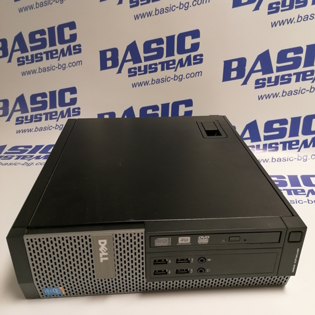 Поглед отпред на Компютър втора Компютър втора употреба DELL OptiPlex 9020 SFF - CPU i5 4570 - 3.20 GHz, 16GB, 250GB SSD, HD Graphics 4600. На бял фон с лого basic systems www.basic-bg.com. Виждат се четири USB порта, два аудио порта, записващо двд втора ръка и бутон за включване на компютъра.