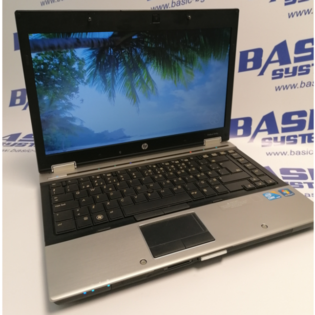 Снимка на Лаптоп втора употреба HP EliteBook 8440p - CPU i5-520М, 4GB RAM, 250GB HDD от пред и отгоре. Вижда се 14 инчовият дисплей, клавиатурата на лаптопа втора ръка, тъчпад, камера и лого HP в средата на долната част на дисплея. Лаптопа е сниман на бял фон с надписи basic systems и www.basic-bg.com.