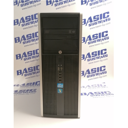 Поглед отпред на компютър втора употреба HP 8200 Elite mini Tower с процесор I5, 8GB рам памет, DVD, 4 броя USB, аудио вход и изход. На бял фон брендиран с лого basic systems www.basic-bg.com 