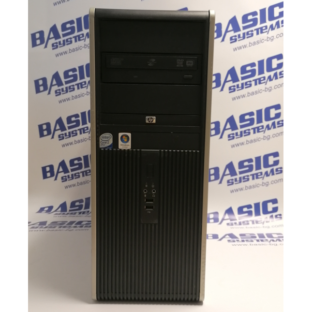 Поглед отпред в изправено положение на Компютър втора употреба HP Compaq dc7800 Tower- CPU E6750 2,66Ghz, 4GB RAM, 250GB HDD, GMA 3100. На бял фон с лого basic systems www.basic-bg.com. Виждат се два USB порта, два аудио порта, двд втора ръка и бутон за включване на компютъра.