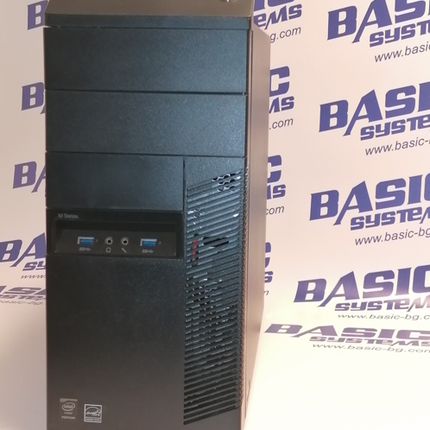 Поглед отпред на компютър втора употреба Lenovo ThinkCentre M83 Tower с процесор  G3220, 4GB RAM, 500GB HDD. На бял фон с лого basic systems www.basic-bg.com. Виждат се два USB порта, аудио жак два броя и бутон за включване.
