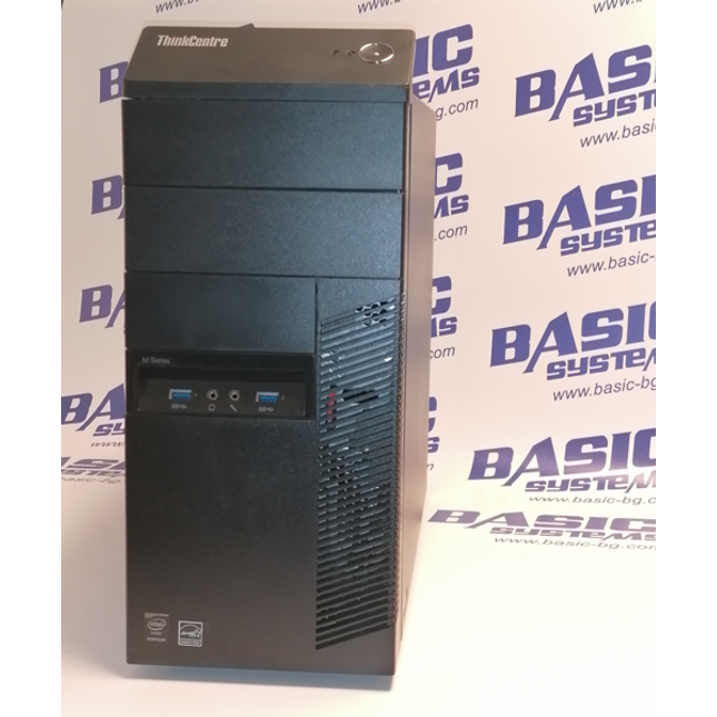 Поглед отпред на компютър втора употреба Lenovo ThinkCentre M83 Tower с процесор  G3220, 4GB RAM, 500GB HDD. На бял фон с лого basic systems www.basic-bg.com. Виждат се два USB порта, аудио жак два броя и бутон за включване.