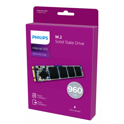 Philips SSD FM96SM110B Ultra Speed Капацитет:  960GB  Размер:  М.2 2280 (Ш x В x Д): 2.2 x 8 x 0.2 cm  Интерфейс:  SATA 3  Скорост на четене:  550 МB/sec.  Скорост на  запис:  500 МB/sec.  Гаранция:  2 години