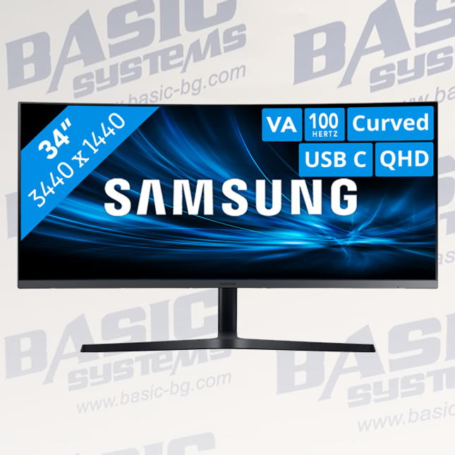 Samsung C34H890WJU 86.4 cm (34") Curved Монитор втора употреба - (100Hz, QHD, 3440 x 1440, MVA - матрица, DisplayPort, HDMI, USB Type-C, 4 ms). Подобрена визуална яснота с Ultra WQHD резолюция (3440*1440) Перфектна многозадачност с 21:9 широк екран, PBP и лесна настройка S/W По-голям комфорт при гледане с водеща в индустрията кривина 1800R По-удобно свързване с нов USB тип C