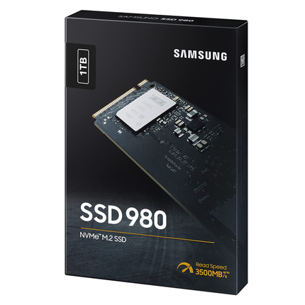 Памет Solid State Drive PCle 3.0 NVMe Samsung 980 - 1000GB, Капацитет: 1000GB  Памет за съхранение: Samsung V-NAND 3-bit MLC  Размер: 80.15 x 22.15 x 2.38 (мм)  Интерфейс: PCIe Gen 3.0 x4, NVMe 1.4  Скорост на четене: до 3500 МB/sec.  Скорост на запис: 3000 МB/sec.  Гаранция: 5-годишна ограничена гаранция или 400 TBW