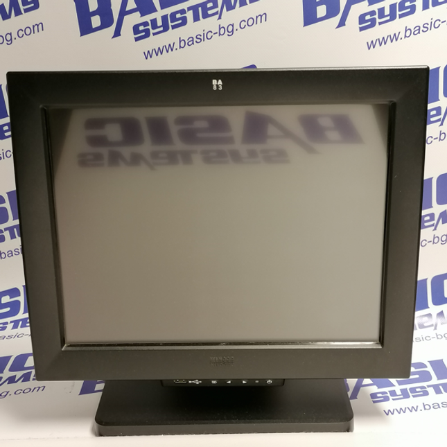 15" Монитор втора употреба Тъчскрийн Wincor Nixdorf BA83 е сниман отпред на фона на лого basic systems и www.basic-bg.com. Монитора е черен и на екрана се отразява логото на лого basic systems .