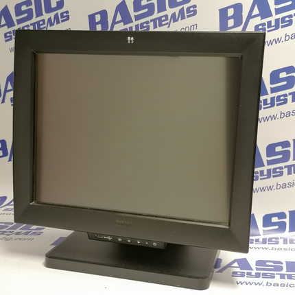 15" Монитор втора употреба Тъчскрийн Wincor Nixdorf BA83 е сниман отпред на фона на лого basic systems и www.basic-bg.com. Монитора е черен с черна стойка.