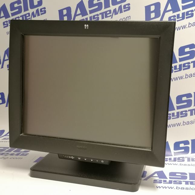 15" Монитор втора употреба Тъчскрийн Wincor Nixdorf BA83 е сниман отпред на фона на лого basic systems и www.basic-bg.com. Монитора е черен с черна стойка.