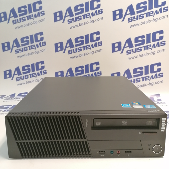 Компютър втора ръка Lenovo ThinkCentre M91p Desktop с процесор CPU i5 второ поколение, поглед отпред, с две USB, DVD записващо на фона на надписи basic systems www.basic-bg.com