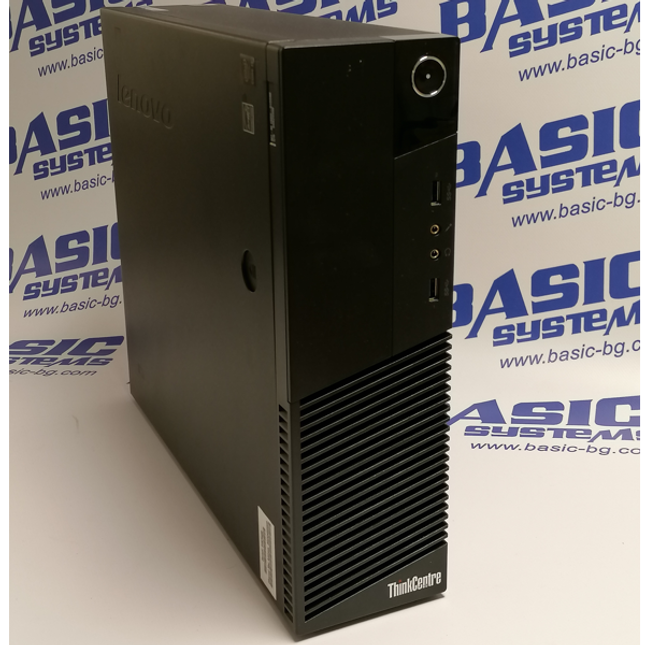 Поглед отпред на компютър втора ръка Lenovo ThinkCentre M83 Desktop с процесор CPU i3 второ поколение, с две USB. На фона на надписи basic systems www.basic-bg.com