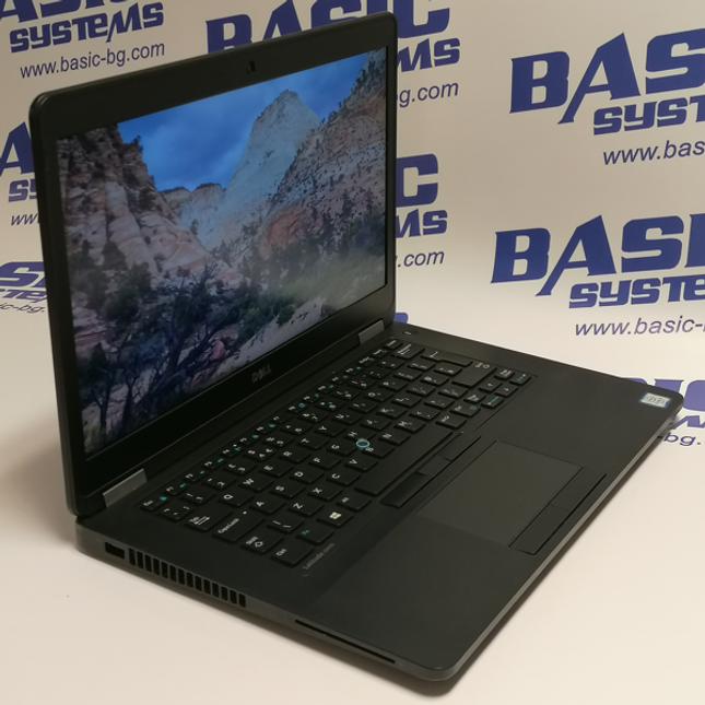 Снимка на Лаптоп втора употреба DELL Latitude E5470 - CPU i5 6440HQ, 8GB RAM, 256GB SSD в отворено положение на дисплея. Вижда се 14 инчов IPS дисплей, клавиатура втора ръка, тъчпад, юсб порт и отвори за охлаждане на процесора. Лаптопа е на бял фон с надписи basic systems, www.basic-bg.com.