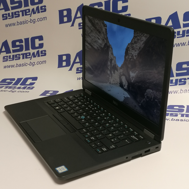 Снимка на Лаптоп втора употреба DELL Latitude E5470 - CPU i5 6440HQ, 8GB RAM, 256GB SSD в отворено положение на дисплея. Вижда се 14 инчов IPS дисплей, клавиатура втора ръка, тъчпад, юсб порт и слот за сд карта. Лаптопа е на бял фон с надписи basic systems, www.basic-bg.com.