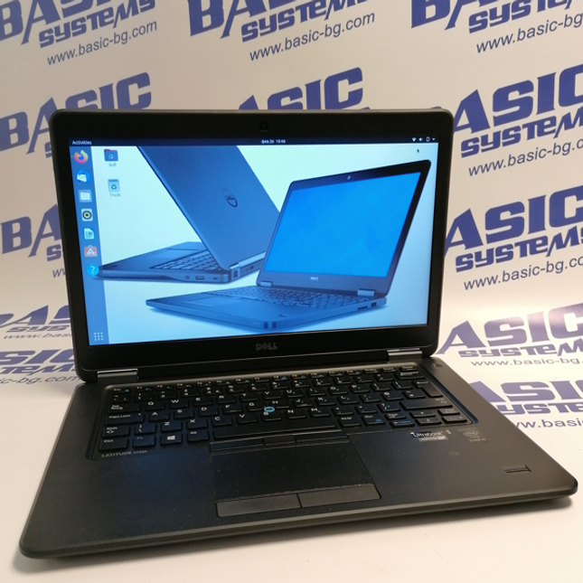 Снимка на Лаптоп втора употреба DELL Latitude E7450 - CPU i5-5300U, 8GB RAM, 128 GB SSD отпред в отворено положение на дисплея. Вижда се тъчскрийн дисплей, клавиатура, тъчпад, камера и сензор за пръстов отпечатък. Лаптопа втора ръка е сниман на бял фон с надписи basic systems и www.basic-bg.com.