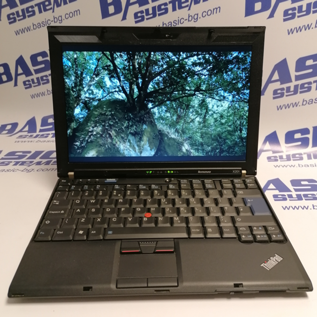 Поглед от горе на Лаптоп втора употреба Lenovo ThinkPad X201 - CPU i5-580М, 4GB RAM, 128GB SSD в отворено  положение на дисплея. На бял фон с лого basic systems и www.basic-bg.com. Виждат се 12 инчов дисплей, камера, лого на thinkpad, клавиатура втора ръка и тъчпад.